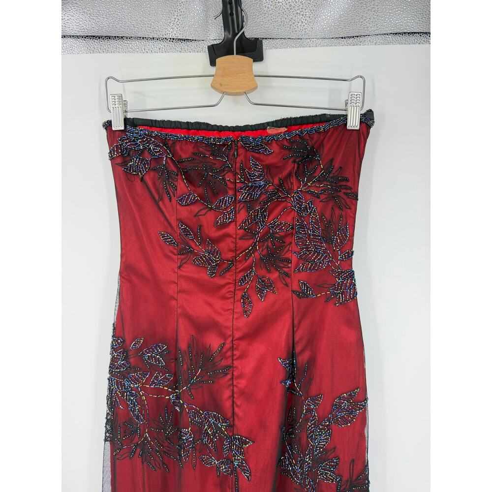Vintage Cache Strapless Beaded Burgundy Black Evening Gown Mesh Dress Whimsygoth - Picture 9 of 16
